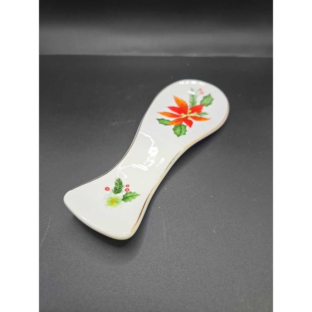 Royal Norfolk Christmas Poinsettia Stoneware Spoon Rest White Gold Trim Holiday